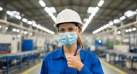 Confident female factory worker in protective gear giving thumbs up in industrial setting