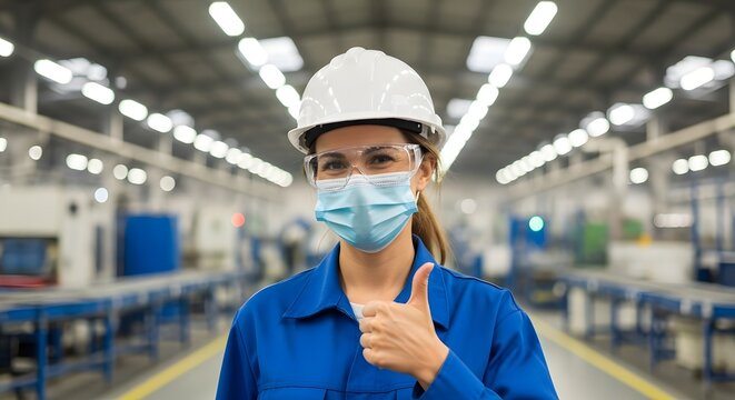 Confident female factory worker in protective gear giving thumbs up in industrial setting