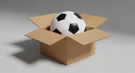 Soccer ball in a cardboard box, ready for shipping or storage, studio shot.