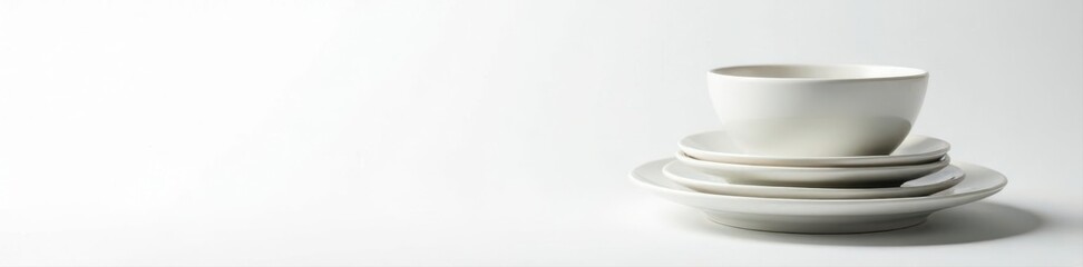 Sparkling clean dishes, neatly stacked on white background, setting, stack, arrangement