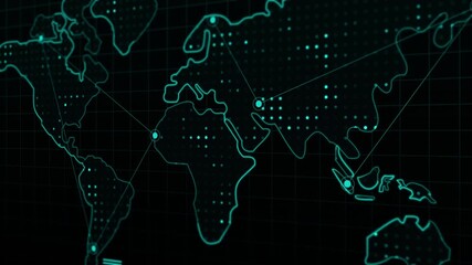 A professional motion graphic featuring a digital outline of the world map (Asia/Europe centric) with flowing lines and data connections, symbolizing global network. - Powered by Adobe