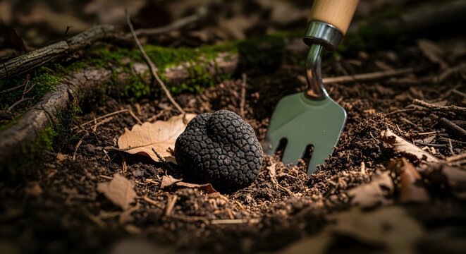 Autumn foraging discovery of black truffle in forest soil with gardening tool and fallen leaves
