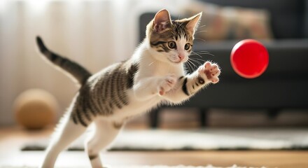 "Young kitten leaping toward the camera in a bright indoor room, energetic action capture, shallow depth of field