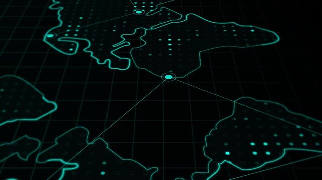 A professional motion graphic featuring a digital outline of the world map (Americas centric) with flowing lines and data connections, symbolizing global network and connectivity. - Powered by Adobe