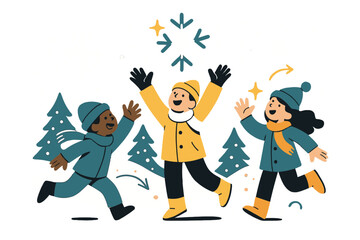 Whimsical Winter Wonderland. Magical snowfall. Children in winter outfits reaching toward large sparkling