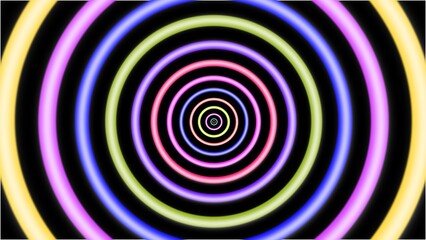 Psychedelic tunnel with glowing rainbow concentric circles on a black background. Hypnotic neon optical illusion background.