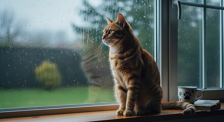 Calm tabby cat sitting near a window with natural daylight, peaceful home environment, soft background blur
