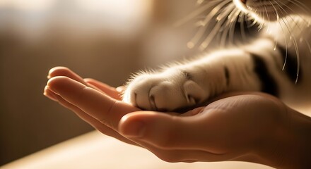 Close-up of a cat&rsquo;s paw resting gently on a person&rsquo;s hand, warm soft lighting, tender pet moment, emotional and cozy indoor scene."