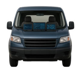 Technical support vehicle with diagnostic displays and a seating area.