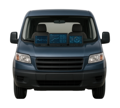 Technical support vehicle with diagnostic displays and a seating area.