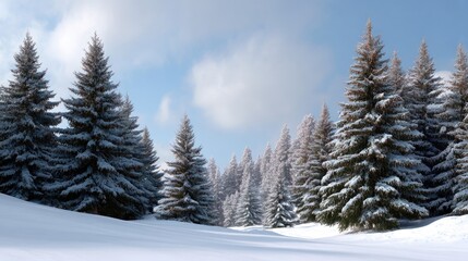 Fototapeta premium Serene Winter Landscape with Snow-Covered Pine Trees Under a Blue Sky, Capturing the Tranquility of Nature in a Snowy Environment