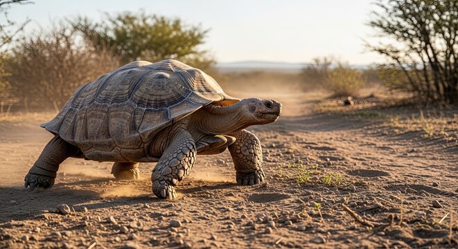Giant Tortoise Walking on Dusty Path, Golden Hour, Wildlife Photography.
