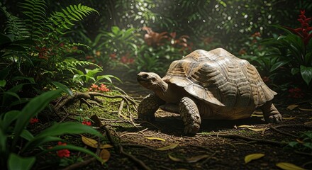 Naklejka premium Giant Tortoise Walking Through Lush Green Jungle Foliage.