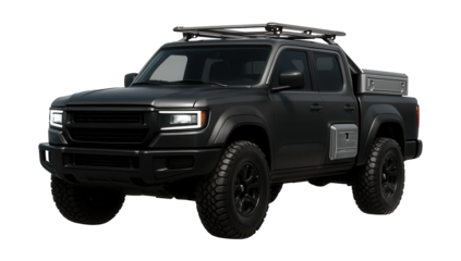 Off-road electric testing vehicle with roof racks and side toolboxes.