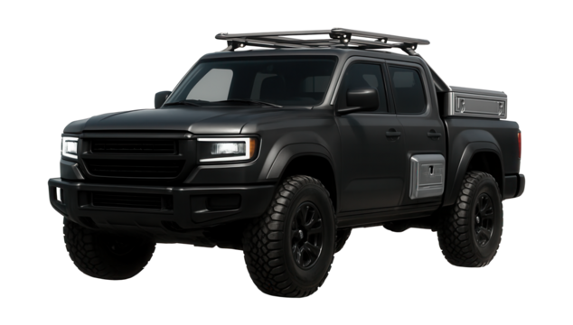 Off-road electric testing vehicle with roof racks and side toolboxes.