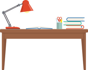 Flat Vector Illustration of a Cozy Desk Workspace with a Lamp, Pencil Holder, and Books