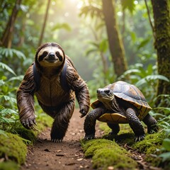 A vibrant slotty and a colorful tortoo stroll through a lush green forest, surrounded by tall trees, dappled sunlight, and blooming wildflowers.