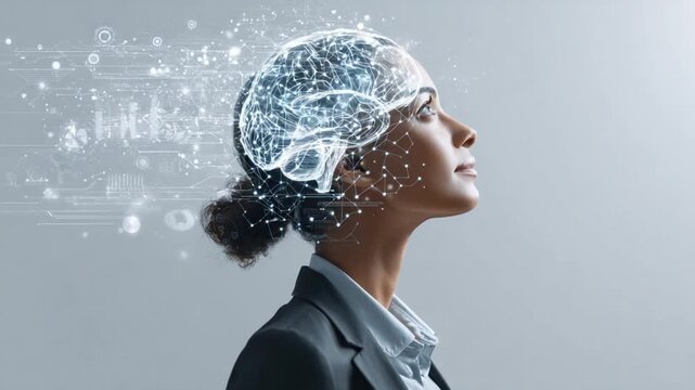 Brain Activation in Action: A modern woman in formal attire is depicted with a glowing brain graphic superimposed on her profile, symbolizing intelligence, innovation, and mental focus.