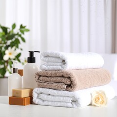A neatly arranged stack of colorful towels sits atop a pristine white table, accompanied by elegant bars of soap in soothing pastel hues, creating a serene spa-like atmosphere.