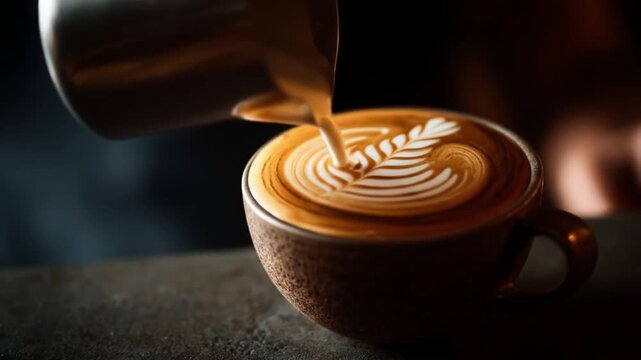 Close-up of a barista pouring steamed milk into a dark cup, forming a delicate latte art leaf