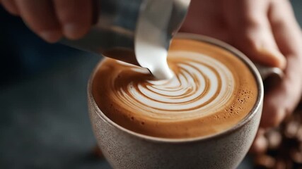 Close-up of a ceramic mug with latte art; creamy milk pours in, forming a circular swirl. On table - Powered by Adobe