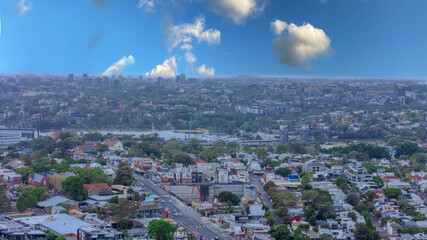 Aerial Panorama Drone view of Parramatta River Sydney Harbour between Balmain Gladesville Birkin Head Point and Roselle on the Bay Run Sydney NSW Australia