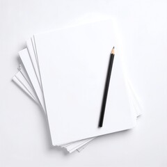 A neatly arranged stack of crisp white paper sits on a wooden desk, accompanied by a sharpened black pencil resting atop the stack, ready for notes.