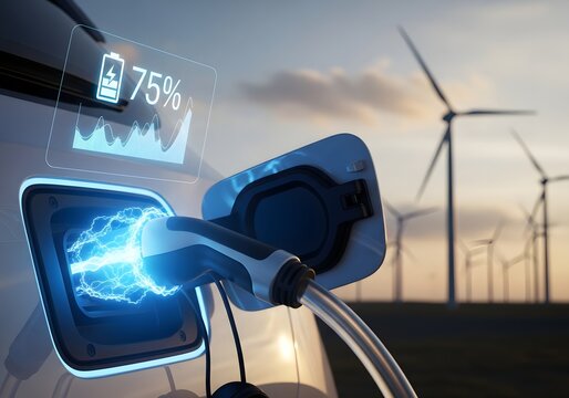 Electric vehicle charging with renewable energy concept amidst wind turbines at sunset