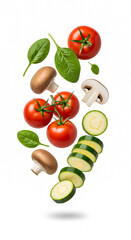 Vibrant and fresh group of common vegetables falling or levitating against a pure white background.