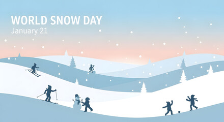 Celebrate World Snow Day with active kids skiing and building a snowman in a winter wonderland landscape, creating joyful memories on January 21st