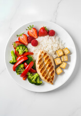 A white plate showcasing a balanced meal: grilled chicken breast with grill marks, white rice, steamed broccoli florets, red bell pepper slices, and cubes of baked or fried tofu.