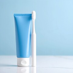 A vibrant blue surface features a sleek, modern toothbrush with soft bristles alongside a colorful tube of toothpaste, ready for a refreshing dental routine.