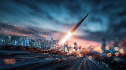 Advanced trajectories: the launch of an intercontinental arsenal. Technology progress. Skyward journey: a ballistic missile amidst clouds and complexity. Technology future. Human robot.