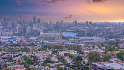 Aerial Panorama Drone view of Parramatta River Sydney Harbour between Balmain Gladesville Birkin Head Point and Roselle on the Bay Run Sydney NSW Australia