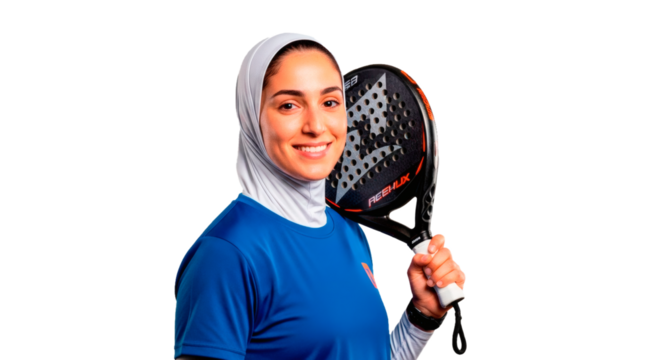 Padel tennis player woman hijab holding paddle smiling sportswoman athletic female racquet sports fitness on transparent background