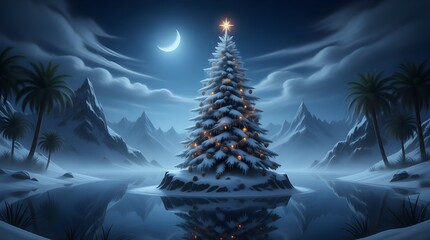 enchanted winter oasis christmas tree under moonlit mountain sky

