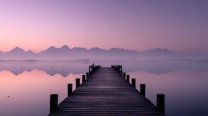Obraz premium Wooden pier extending into a tranquil lake at dawn.