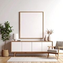 A bright, airy living room featuring white walls and wooden accents, showcasing an empty picture frame elegantly hung on the wall, inviting creativity.