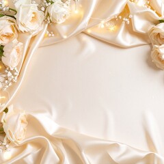 A bright white background adorned with a vibrant arrangement of colorful flowers, twinkling fairy lights delicately intertwined, creating a whimsical atmosphere.