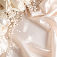 A pristine white background adorned with delicate pastel flowers and shimmering pearls, creating an elegant and serene atmosphere perfect for any design.