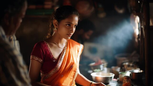 Young Indian Woman Cooking in Traditional Sari in Rural Kitchen
