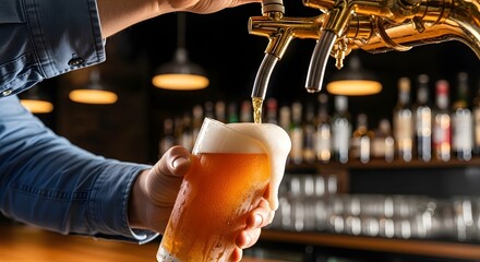 Bartender pouring fresh craft beer in a lively pub setting with warm ambient lighting