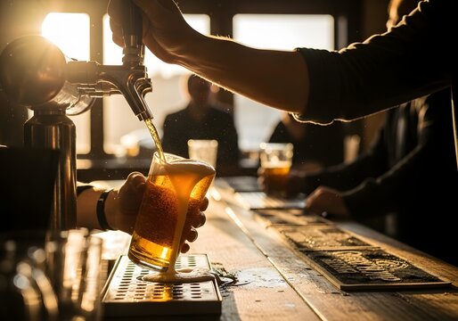Golden hour craft beer pouring in a cozy pub ambiance for refreshing social gatherings
