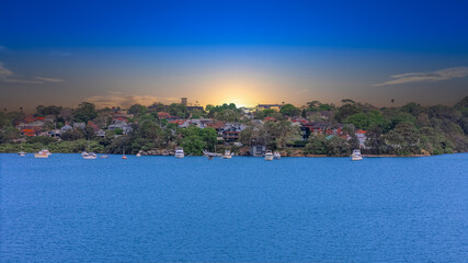 Fototapeta premium Aerial Panorama Drone view of Parramatta River Sydney Harbour between Balmain Gladesville Birkin Head Point and Roselle on the Bay Run Sydney NSW Australia