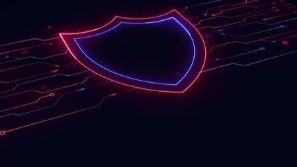 A dynamic motion graphic featuring a glowing blue and red digital shield icon with scanning lines over a dark circuit background, symbolizing strong data protection. - Powered by Adobe