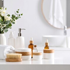 A sleek, white bathroom counter featuring a modern sink, elegant faucet, and neatly arranged toiletries, illuminated by soft, natural light.
