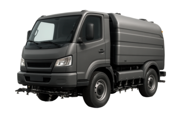 Street cleaning vehicle featuring built-in water storage and spray nozzles.