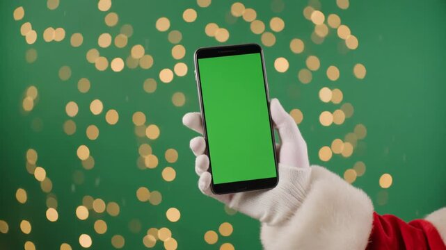 Santa Claus uses a smartphone with a green screen