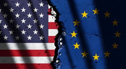 Symbolic representation of transatlantic relations with american and european union flags cracked in artistic design for political discussions