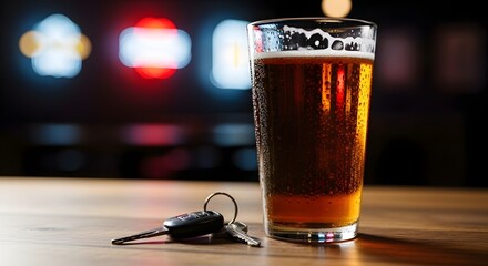 Responsible choices concept with glass of beer and car keys on bar table for awareness campaigns